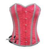 Red Velvet Check Stripes Gothic Burlesque Bustier Waist Training Overbust Corset Costume